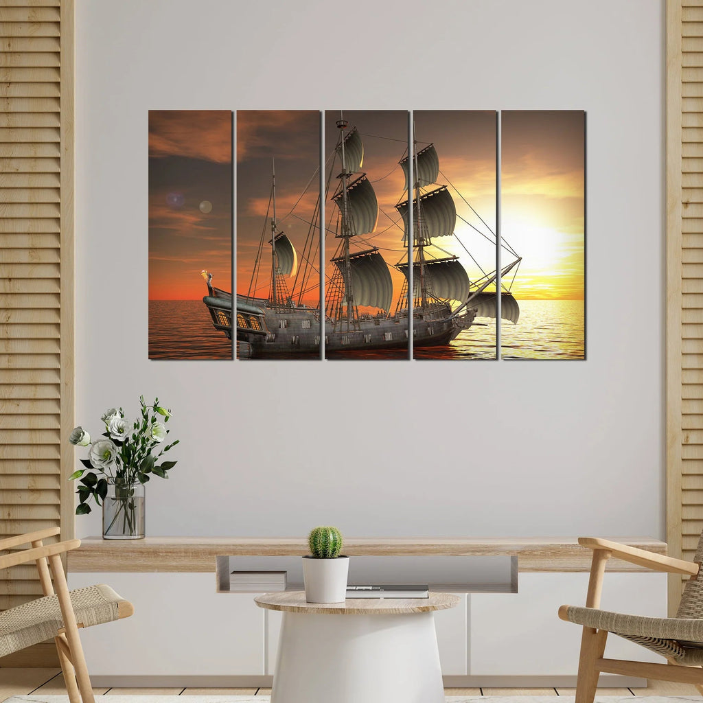 Beautiful Ship in the Sea Canvas Wall Painting 5 Pieces DECORMANTRA