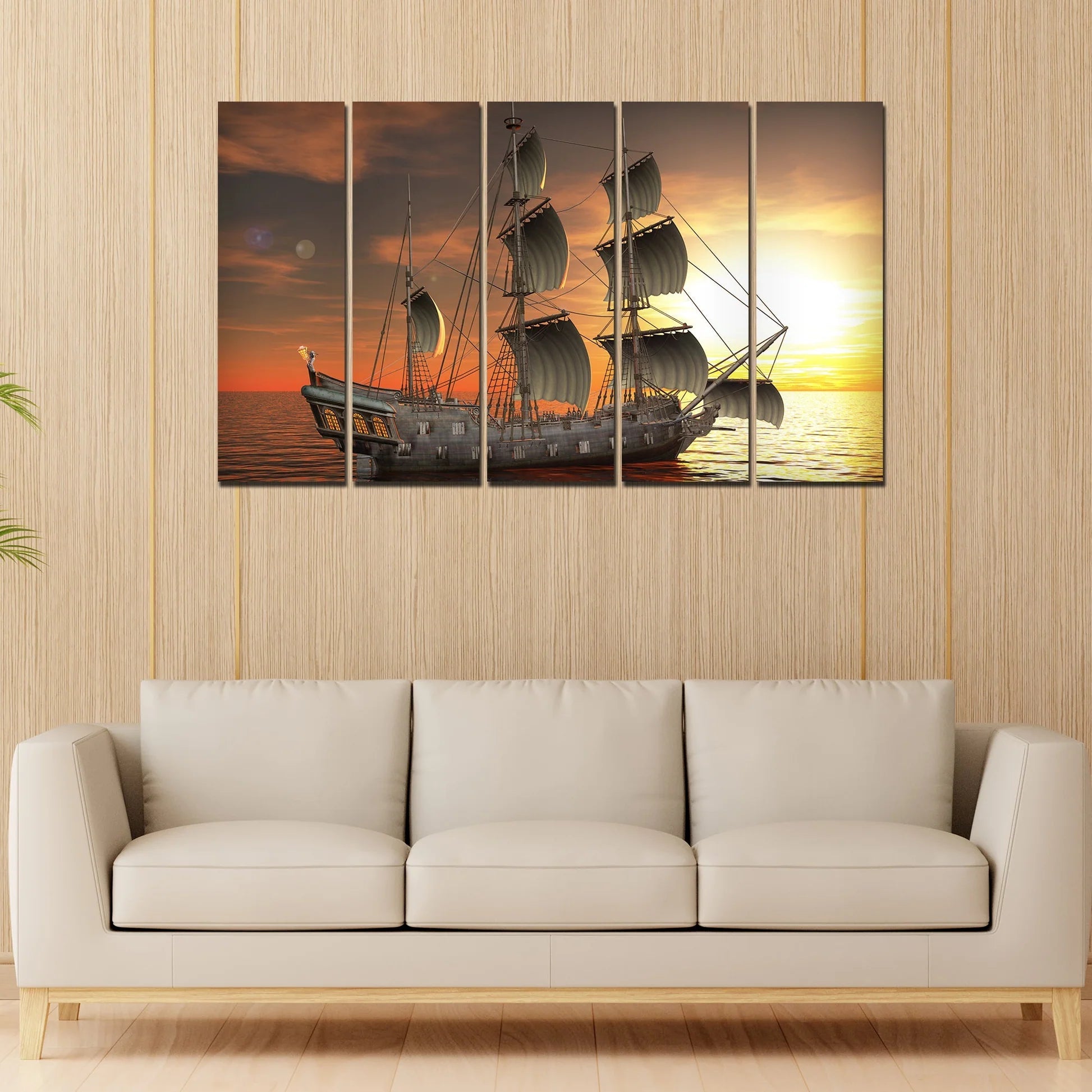 Beautiful Ship in the Sea Canvas Wall Painting 5 Pieces DECORMANTRA