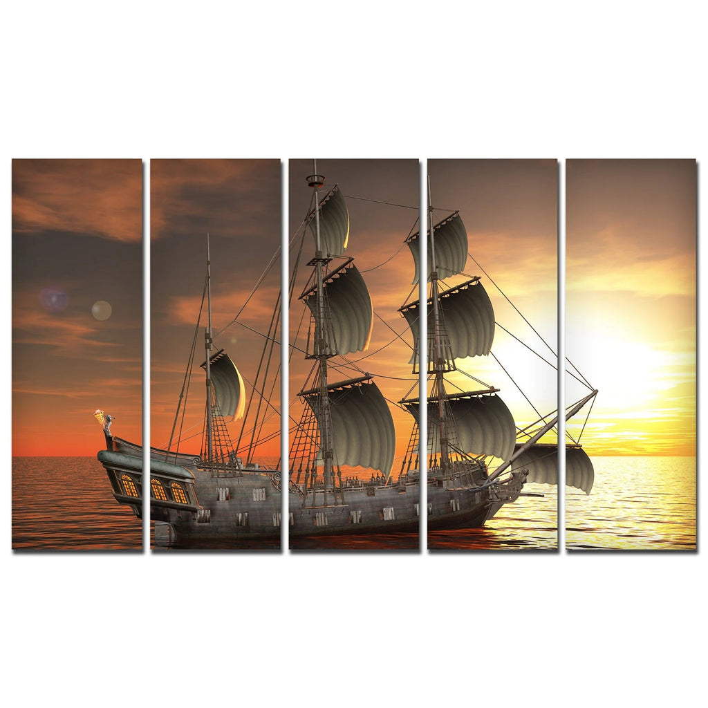 Beautiful Ship in the Sea Canvas Wall Painting 5 Pieces DECORMANTRA