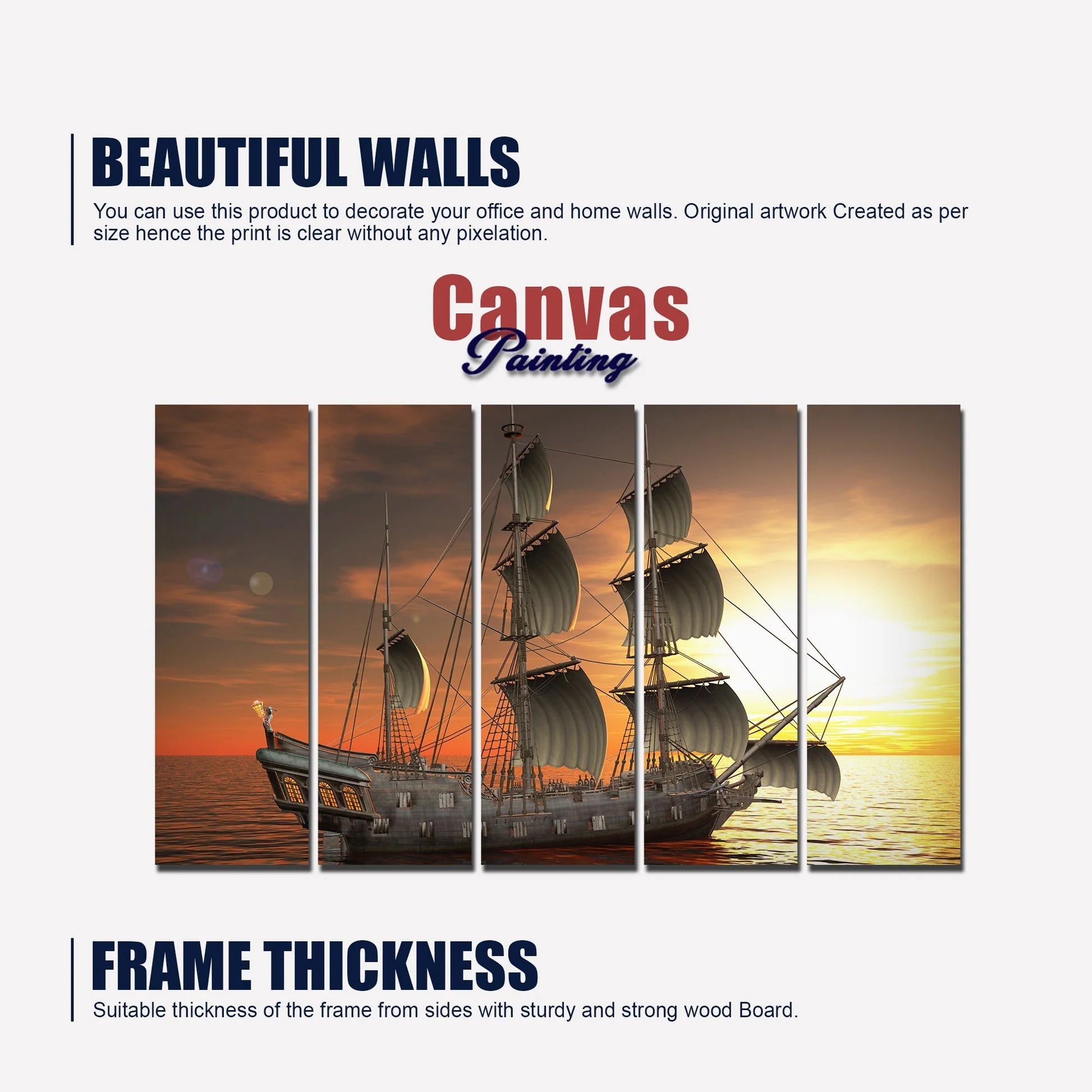Beautiful Ship in the Sea Canvas Wall Painting 5 Pieces DECORMANTRA