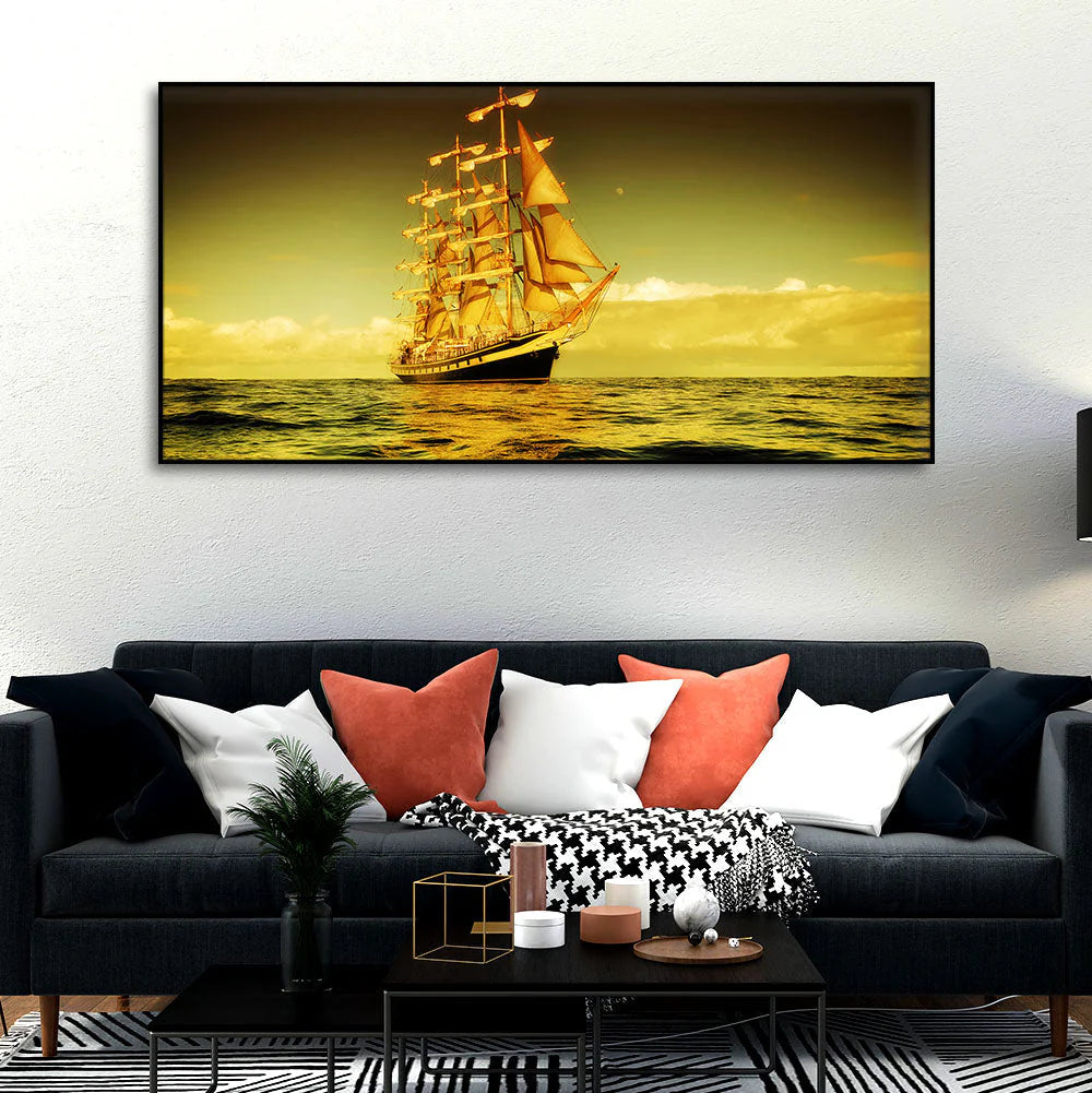 Beautiful Sunset Sailing Ship Wall Painting DECORMANTRA