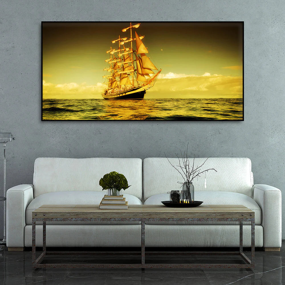 Beautiful Sunset Sailing Ship Wall Painting DECORMANTRA