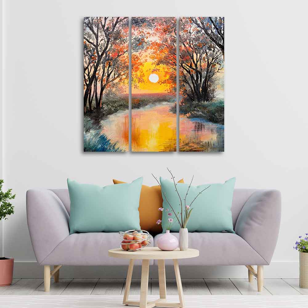 Beautiful Sunset at River Wall Painting Set of 3 Pieces DECORMANTRA