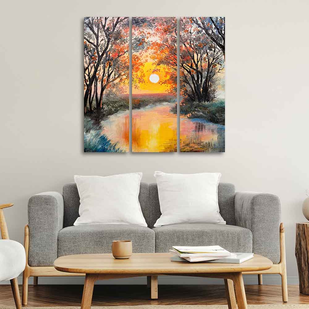 Beautiful Sunset at River Wall Painting Set of 3 Pieces DECORMANTRA