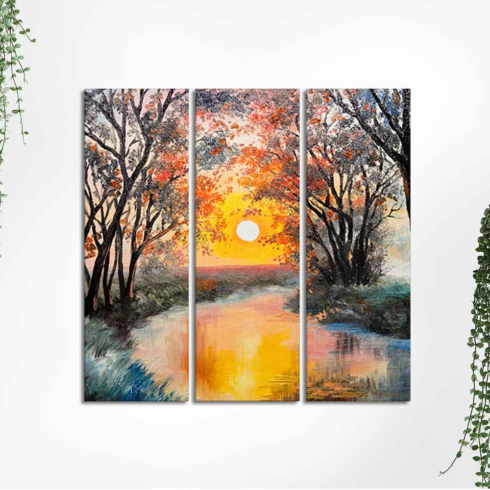 Beautiful Sunset at River Wall Painting Set of 3 Pieces DECORMANTRA