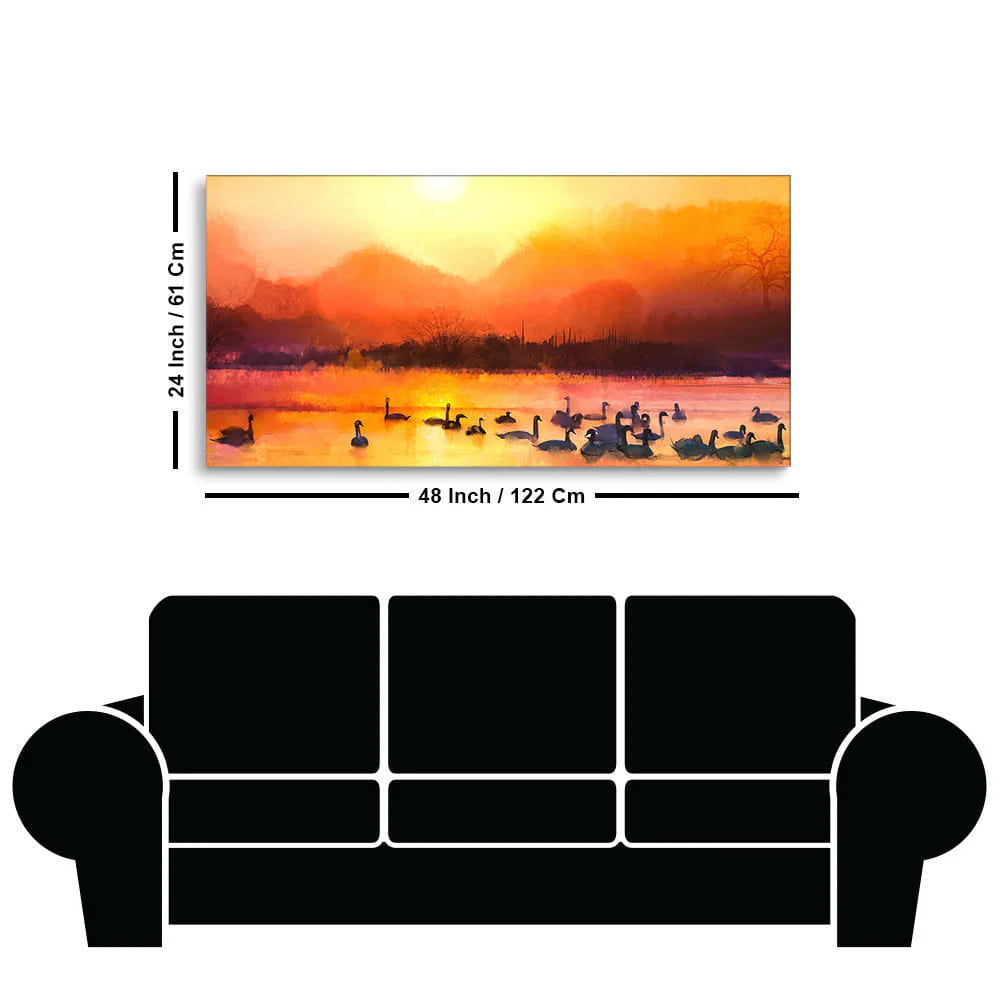 Beautiful Swans in Lake at Sunset Wall Painting DECORMANTRA