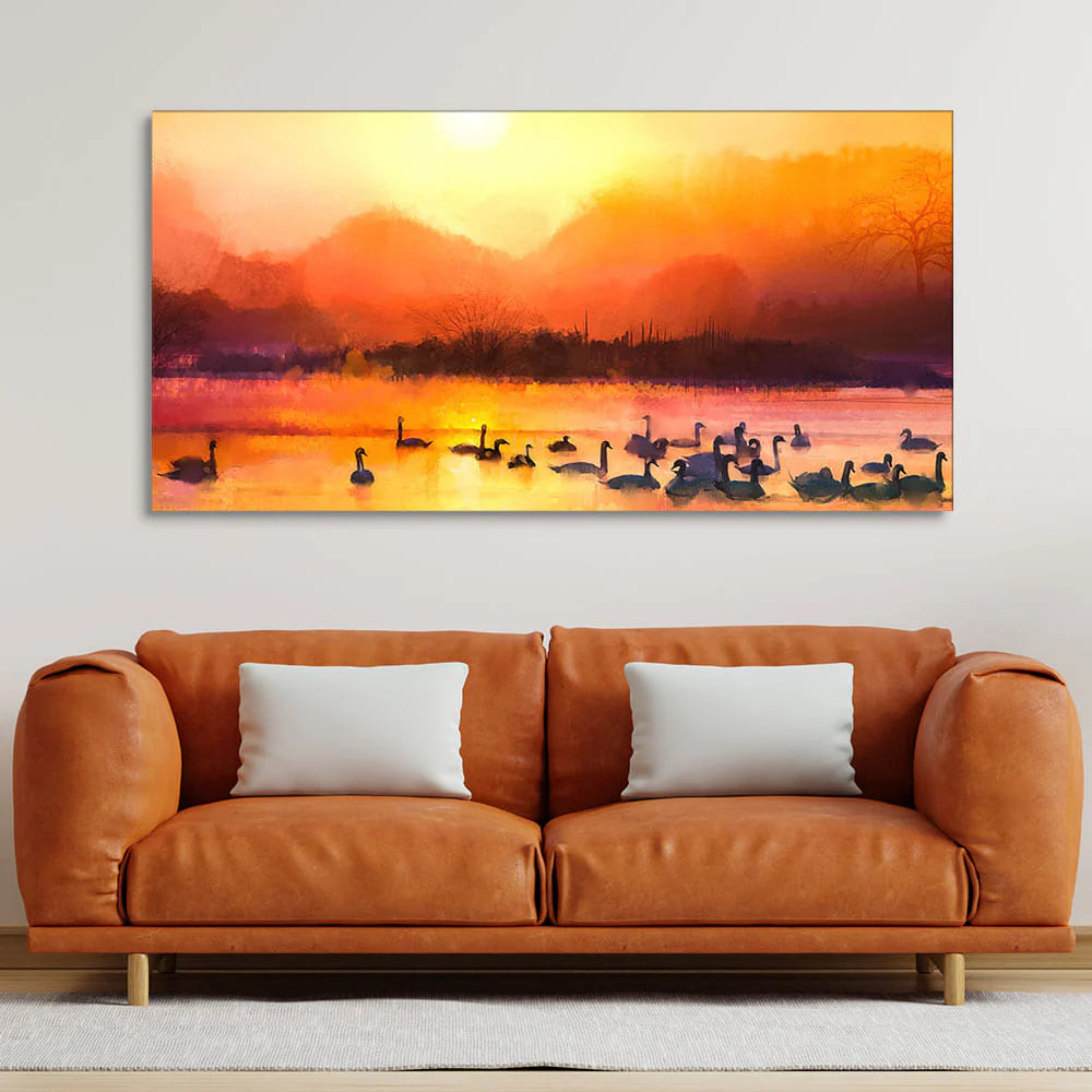 Beautiful Swans in Lake at Sunset Wall Painting DECORMANTRA