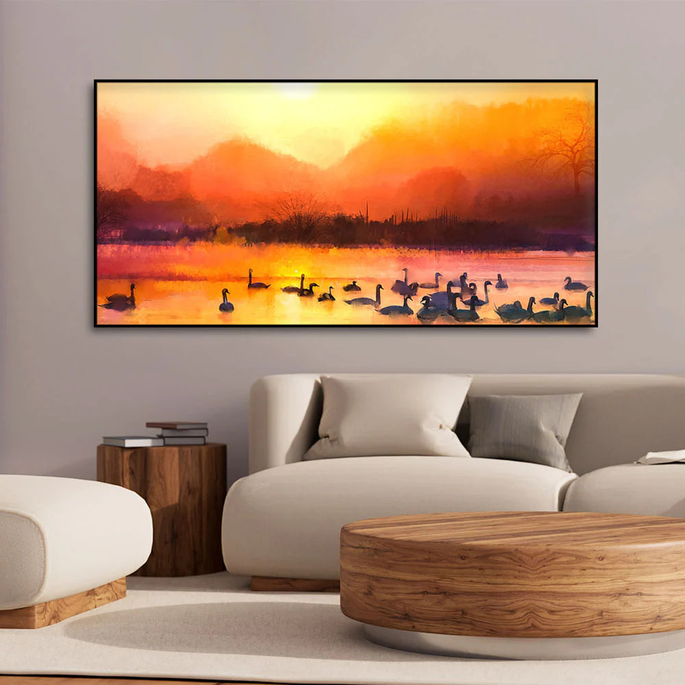 Beautiful Swans in Lake at Sunset Wall Painting DECORMANTRA
