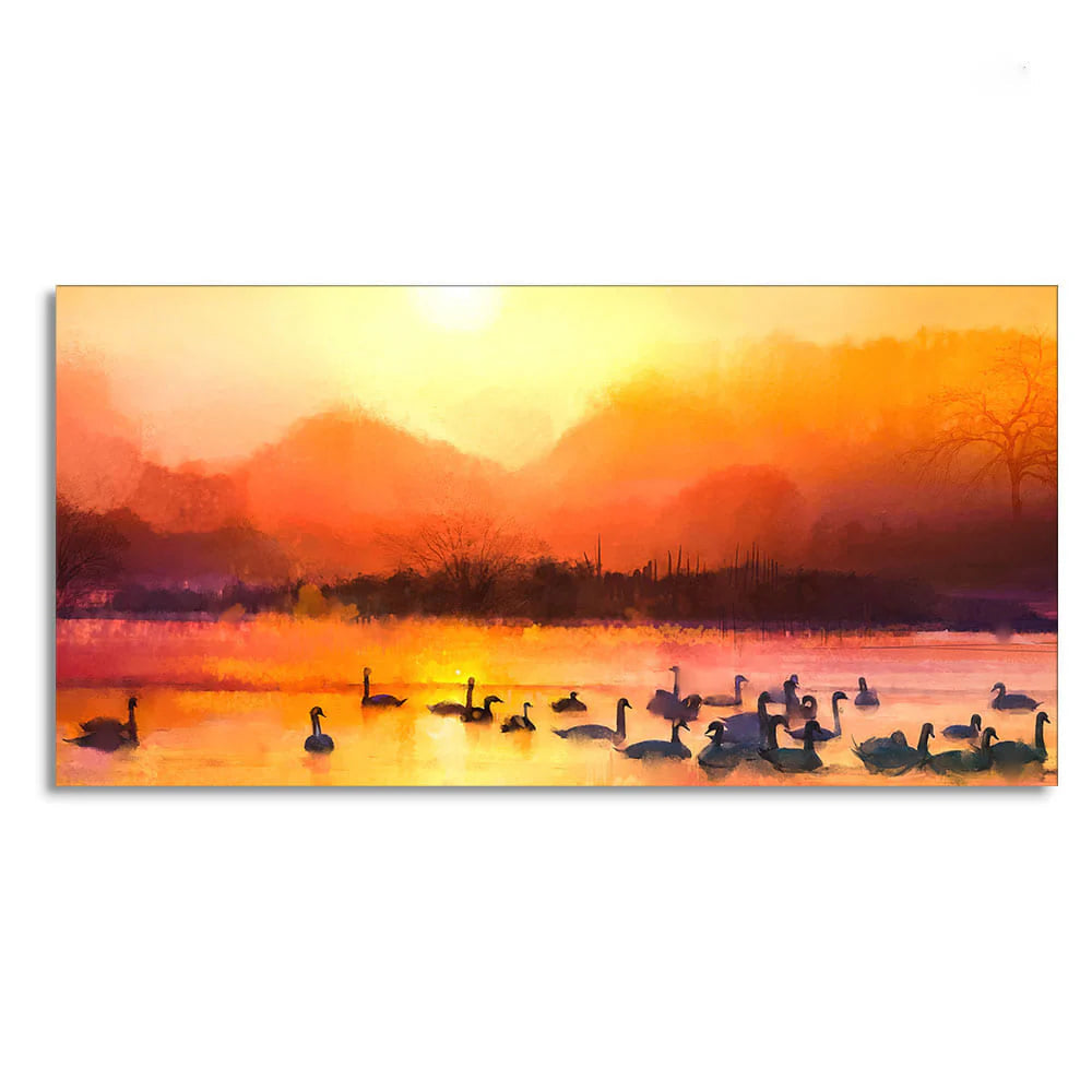 Beautiful Swans in Lake at Sunset Wall Painting DECORMANTRA