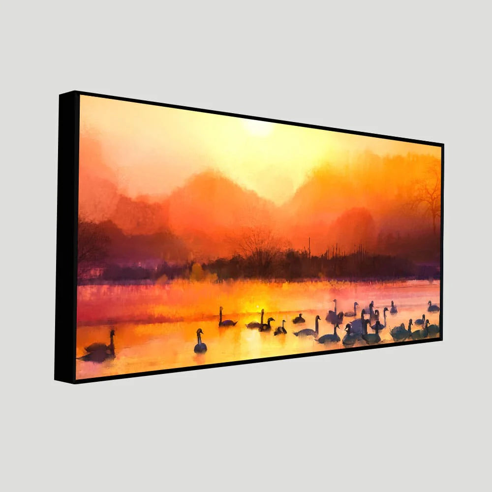 Beautiful Swans in Lake at Sunset Wall Painting DECORMANTRA