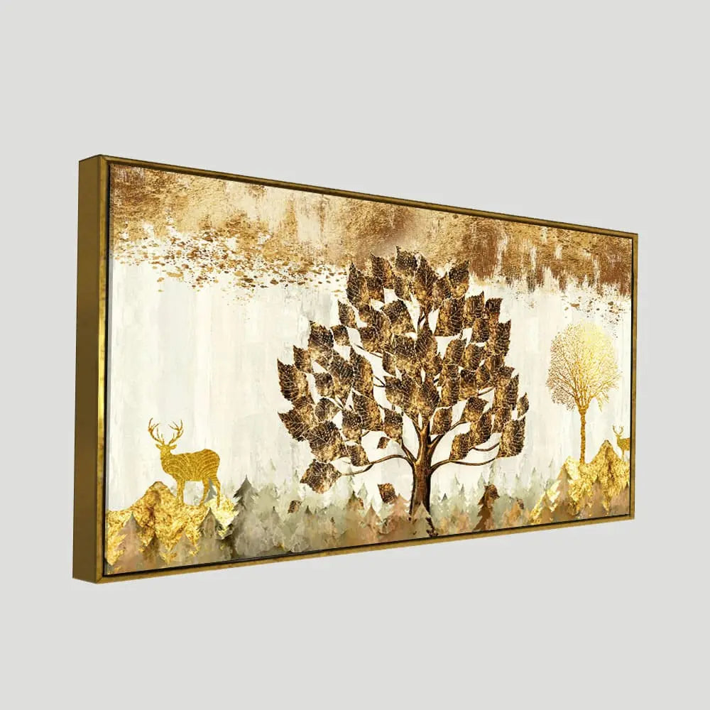 Beautiful Tree and Golden Deer Canvas Wall Painting DECORMANTRA