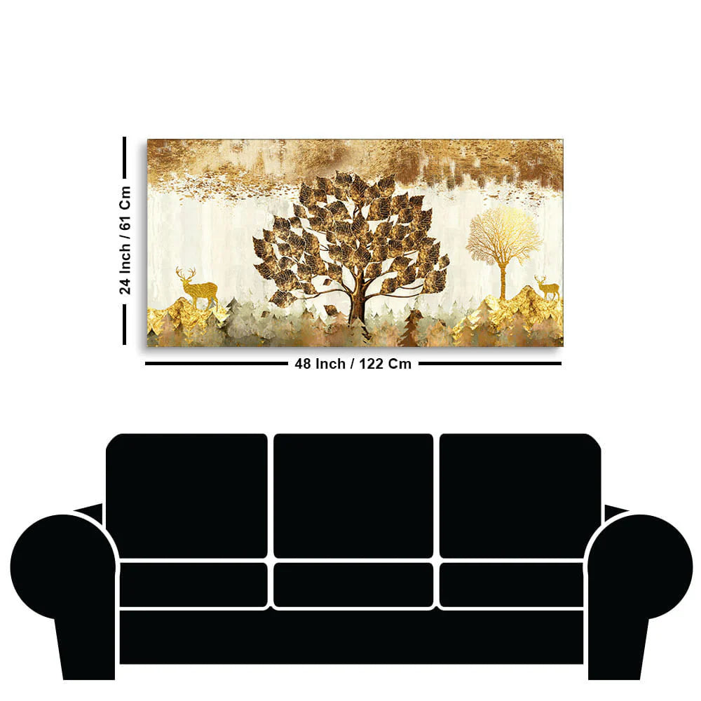 Beautiful Tree and Golden Deer Canvas Wall Painting DECORMANTRA