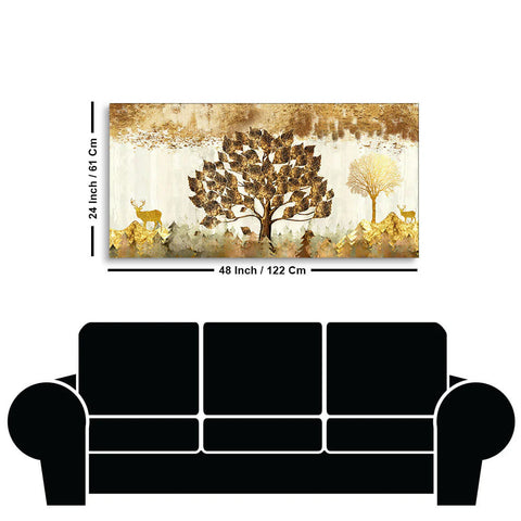 Beautiful Tree and Golden Deer Canvas Wall Painting