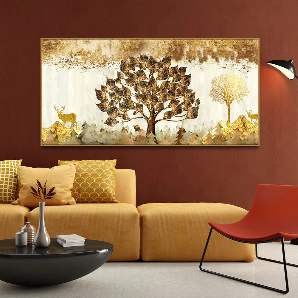 Beautiful Tree and Golden Deer Canvas Wall Painting DECORMANTRA