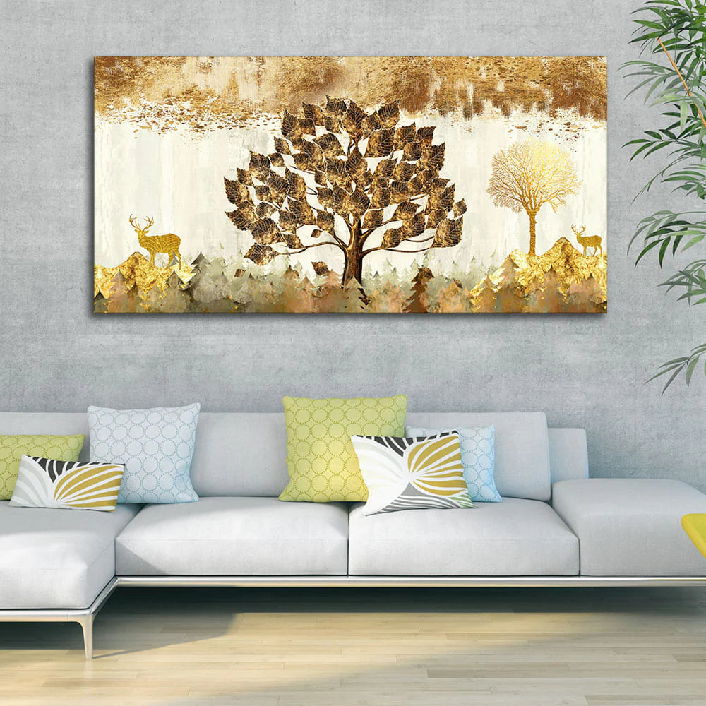 Beautiful Tree and Golden Deer Canvas Wall Painting DECORMANTRA