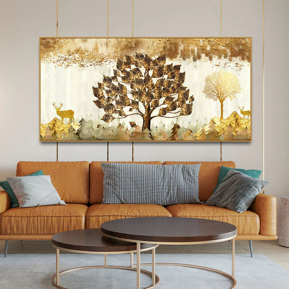 Beautiful Tree and Golden Deer Canvas Wall Painting DECORMANTRA