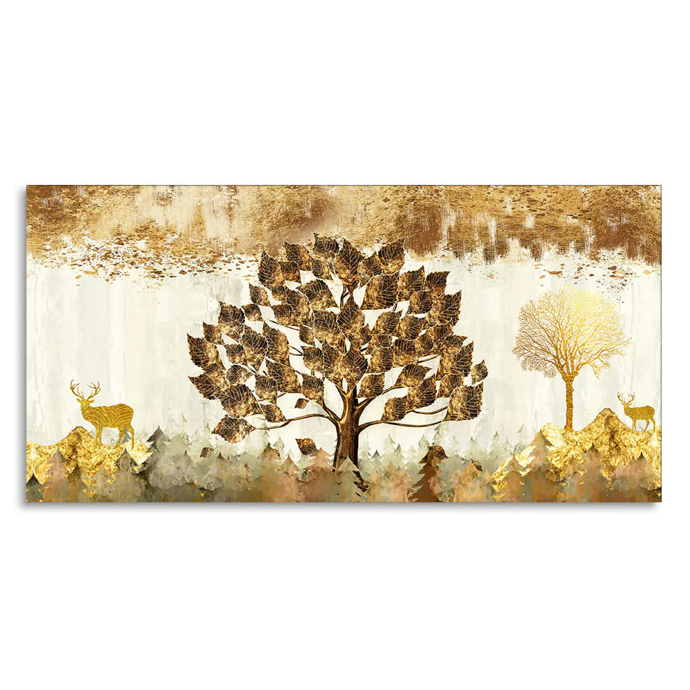 Beautiful Tree and Golden Deer Canvas Wall Painting DECORMANTRA