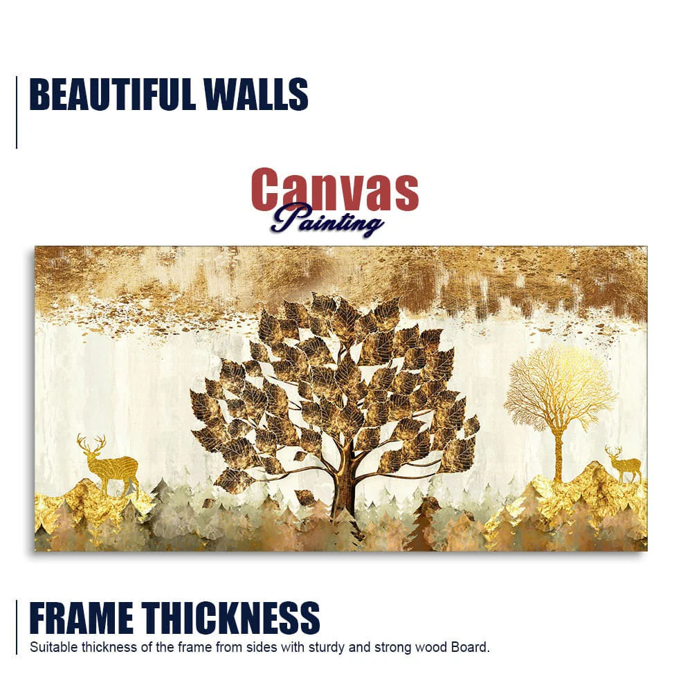 Beautiful Tree and Golden Deer Canvas Wall Painting DECORMANTRA