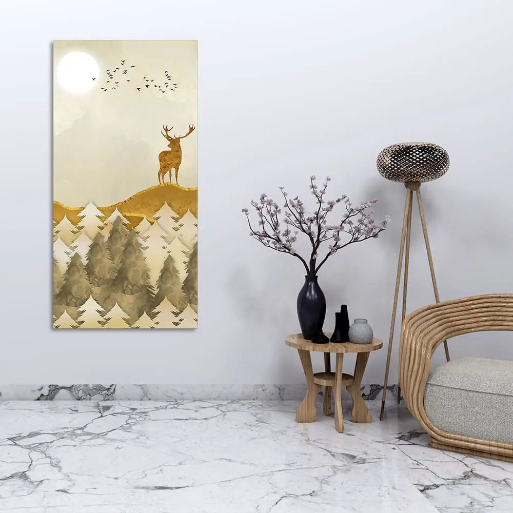 Beautiful Trees with Golden Deers Premium Canvas Wall Painting DECORMANTRA