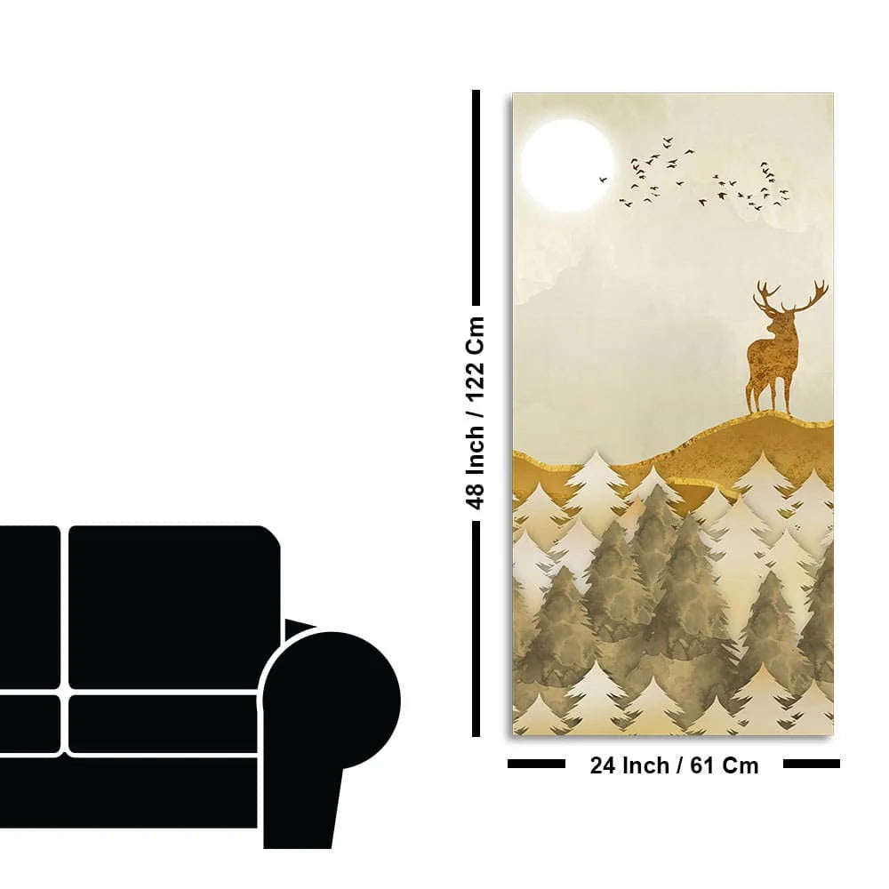 Beautiful Trees with Golden Deers Premium Canvas Wall Painting DECORMANTRA