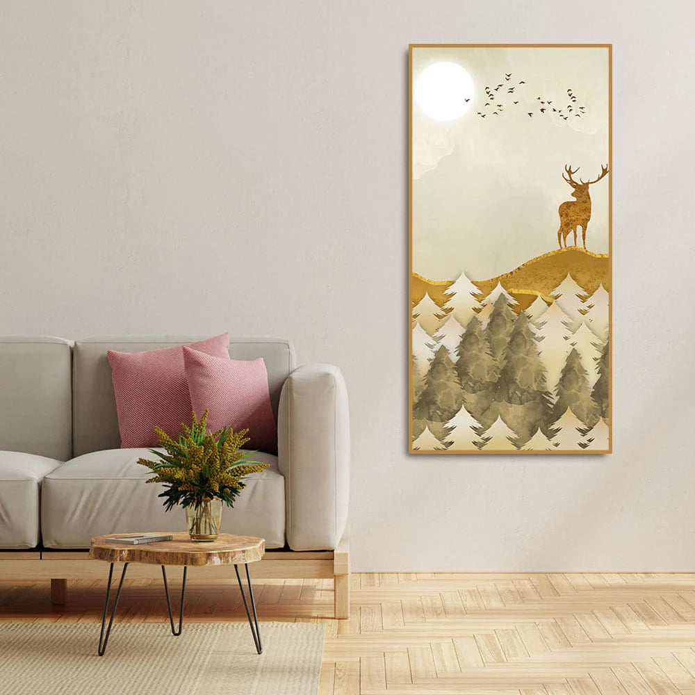 Beautiful Trees with Golden Deers Premium Canvas Wall Painting DECORMANTRA