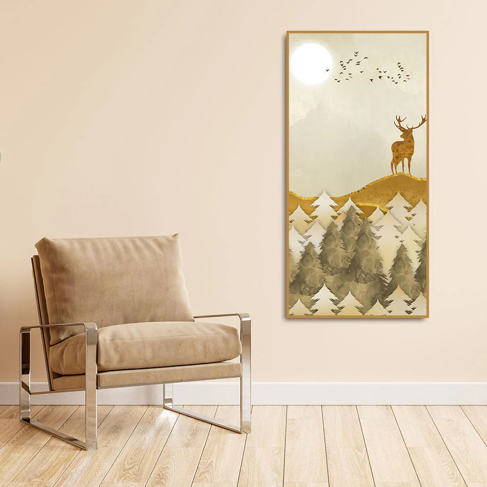 Beautiful Trees with Golden Deers Premium Canvas Wall Painting DECORMANTRA