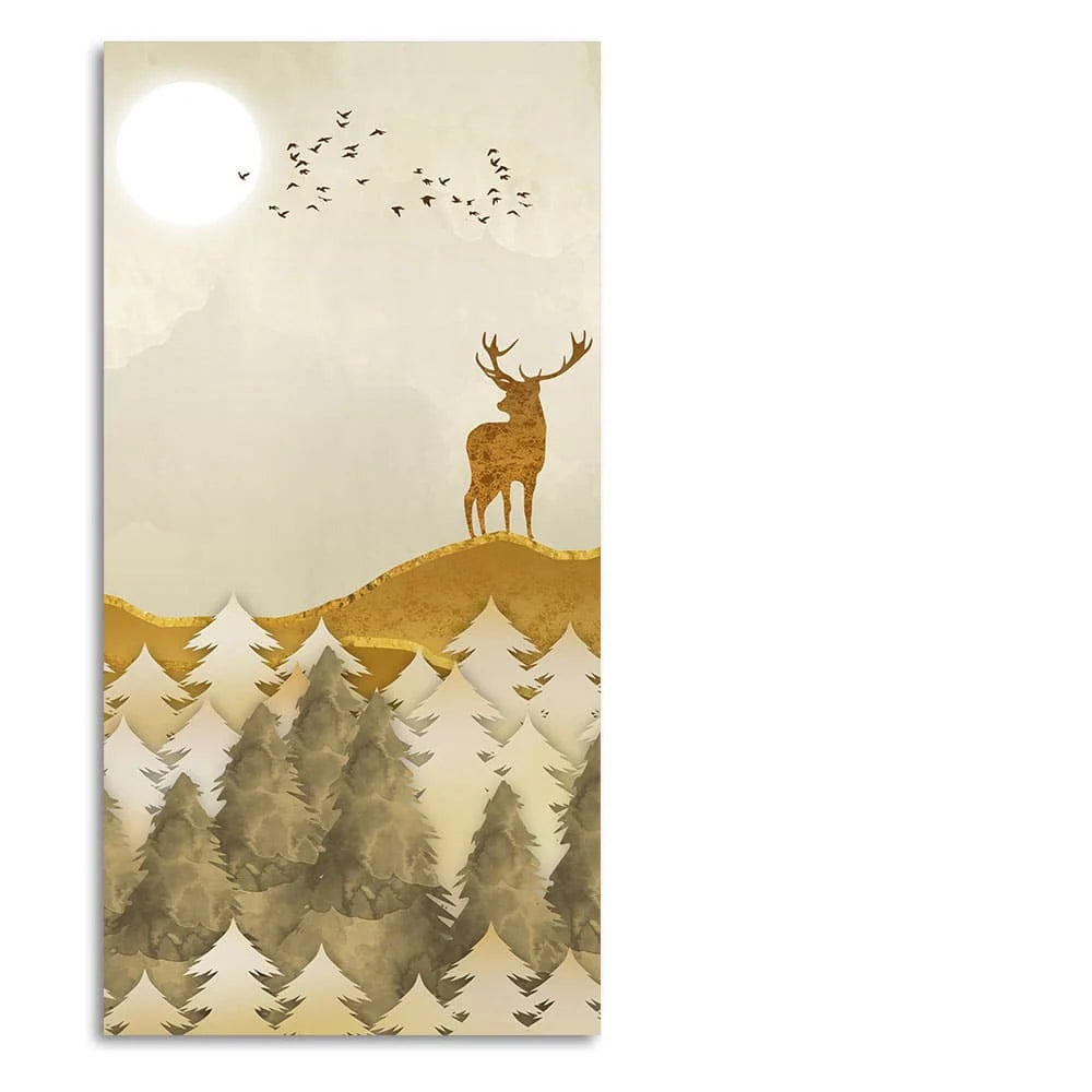 Beautiful Trees with Golden Deers Premium Canvas Wall Painting DECORMANTRA