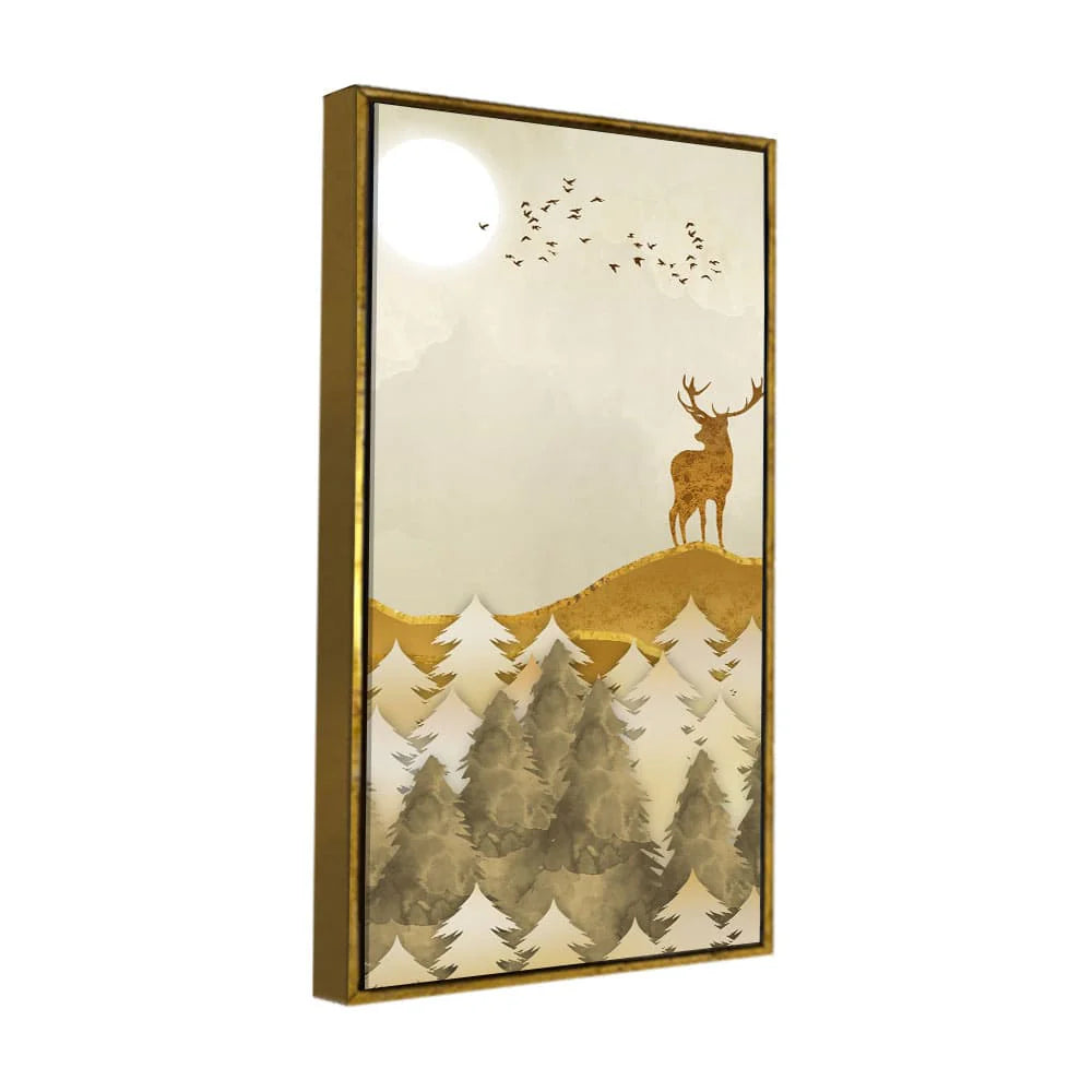 Beautiful Trees with Golden Deers Premium Canvas Wall Painting DECORMANTRA