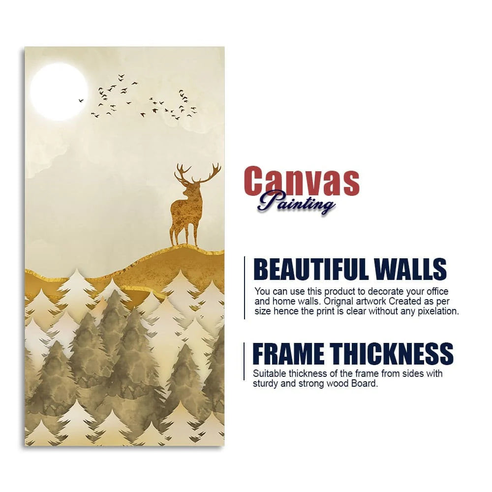 Beautiful Trees with Golden Deers Premium Canvas Wall Painting DECORMANTRA