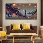 Beautiful Wall Painting of Man Walking on Tree with many Lanterns Background DECORMANTRA