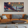 Beautiful Wall Painting of Man Walking on Tree with many Lanterns Background DECORMANTRA