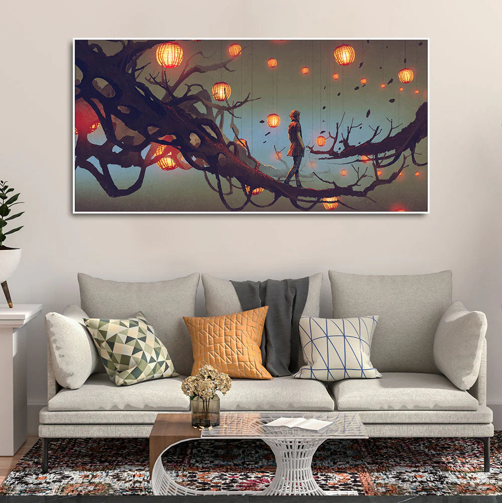 Beautiful Wall Painting of Man Walking on Tree with many Lanterns Background DECORMANTRA