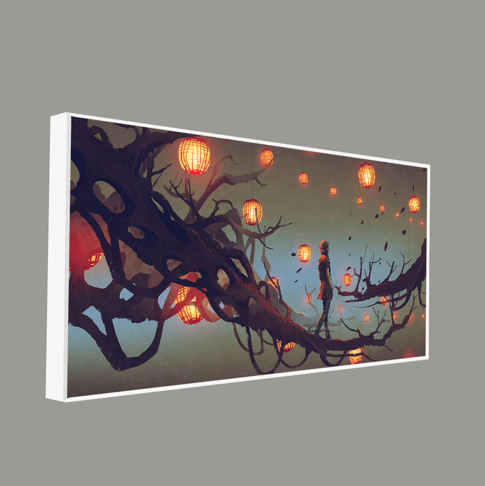 Beautiful Wall Painting of Man Walking on Tree with many Lanterns Background DECORMANTRA