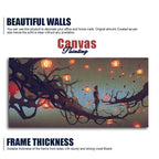 Beautiful Wall Painting of Man Walking on Tree with many Lanterns Background DECORMANTRA