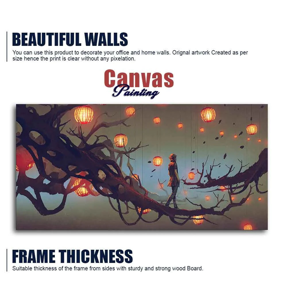 Beautiful Wall Painting of Man Walking on Tree with many Lanterns Background DECORMANTRA