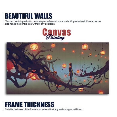 Beautiful Wall Painting of Man Walking on Tree with many Lanterns Background