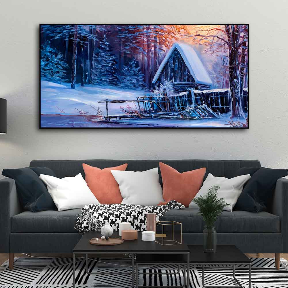 Beautiful Wall Painting of Old Hut in the Winter Forest DECORMANTRA