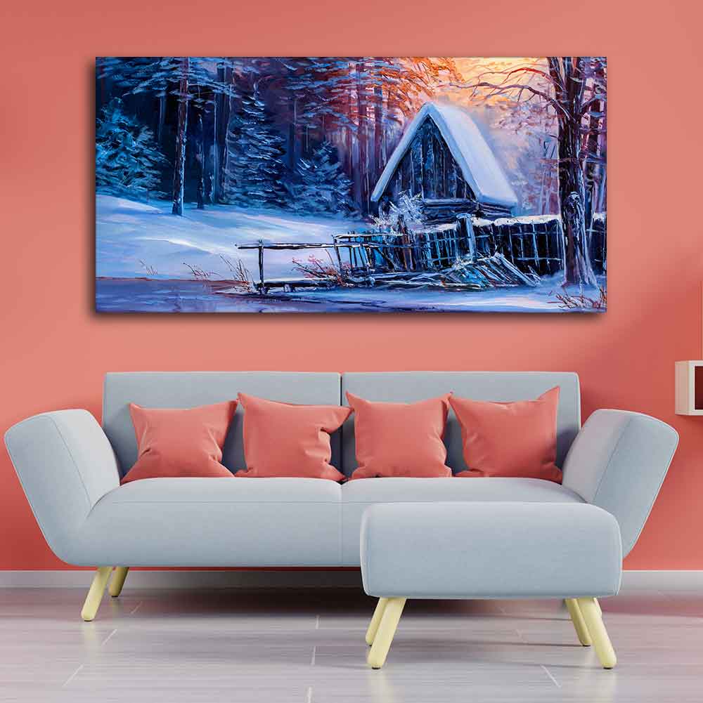 Beautiful Wall Painting of Old Hut in the Winter Forest DECORMANTRA