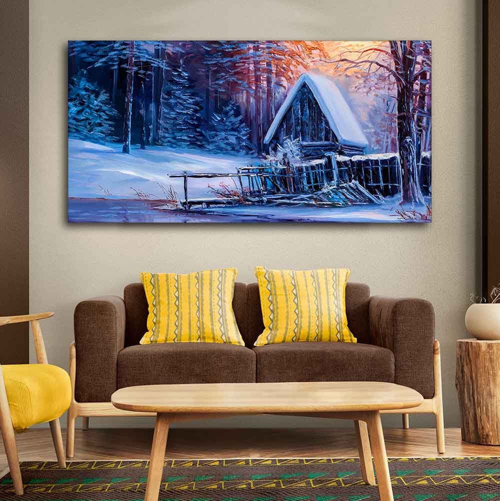 Beautiful Wall Painting of Old Hut in the Winter Forest DECORMANTRA