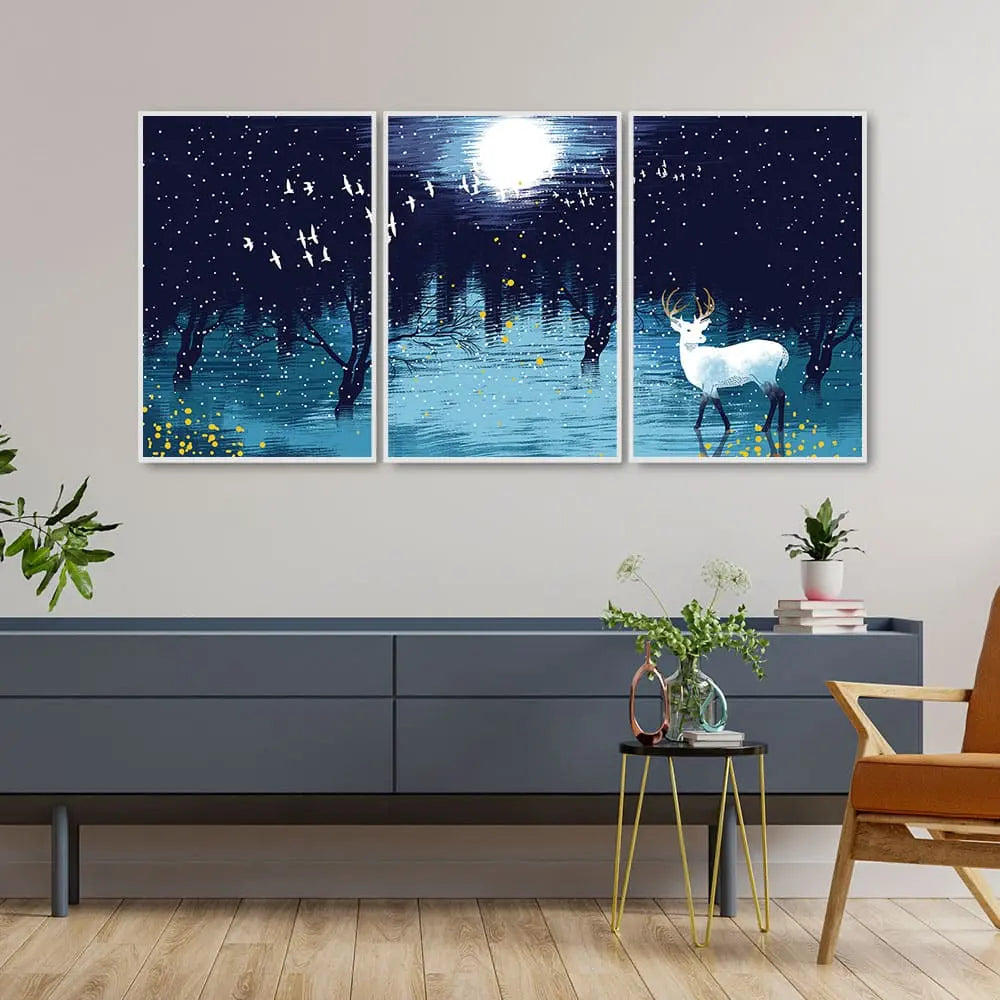 Beautiful White Deer in Full Moon Night Floating Canvas Wall Painting Set of Three Decor Mantra