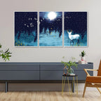 Beautiful White Deer in Full Moon Night Floating Canvas Wall Painting Set of Three Decor Mantra