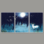 Beautiful White Deer in Full Moon Night Floating Canvas Wall Painting Set of Three Decor Mantra