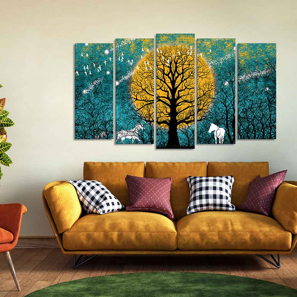Beautiful White Horses in Forest Premium Wall Painting Set of Five Pieces DECORMANTRA