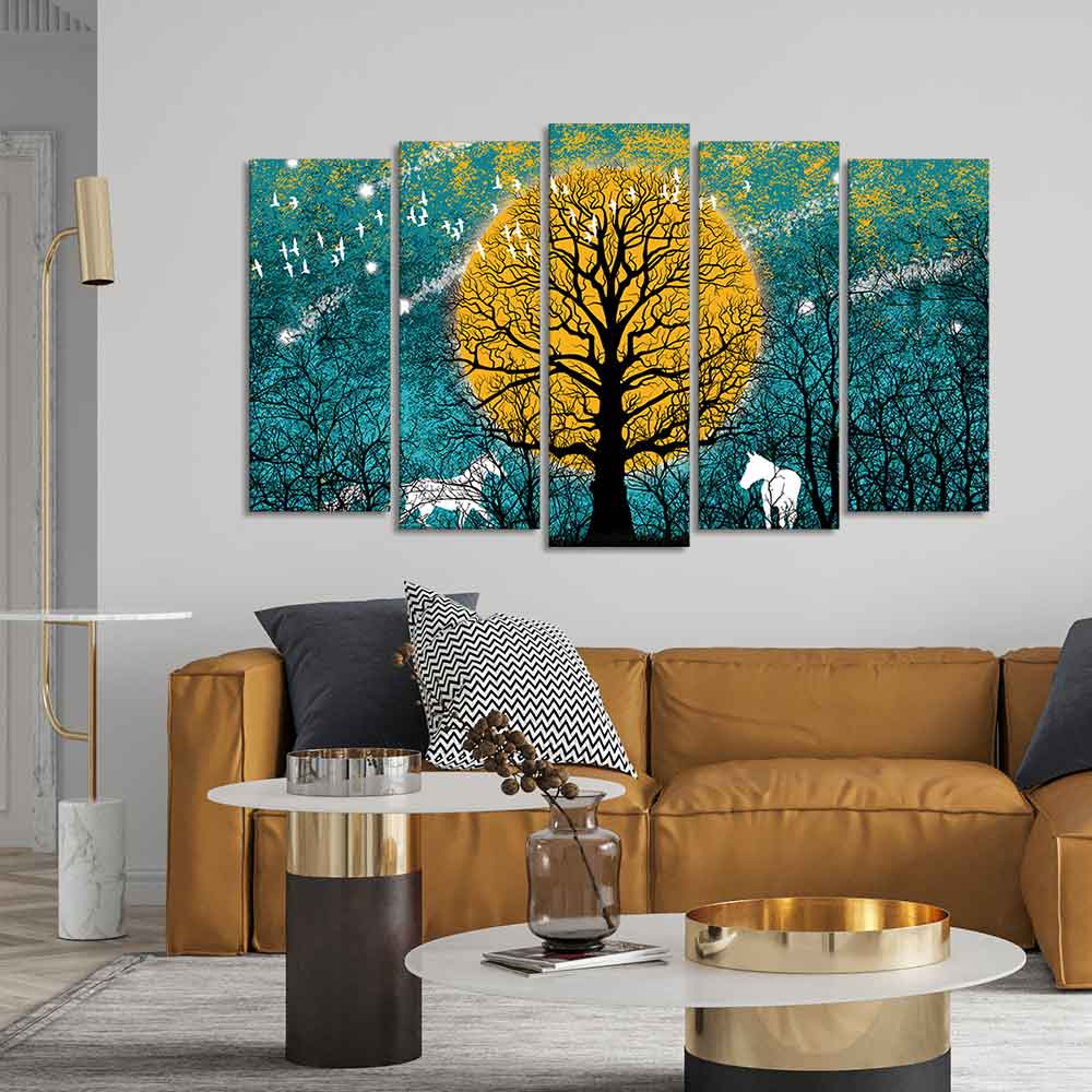 Beautiful White Horses in Forest Premium Wall Painting Set of Five Pieces DECORMANTRA