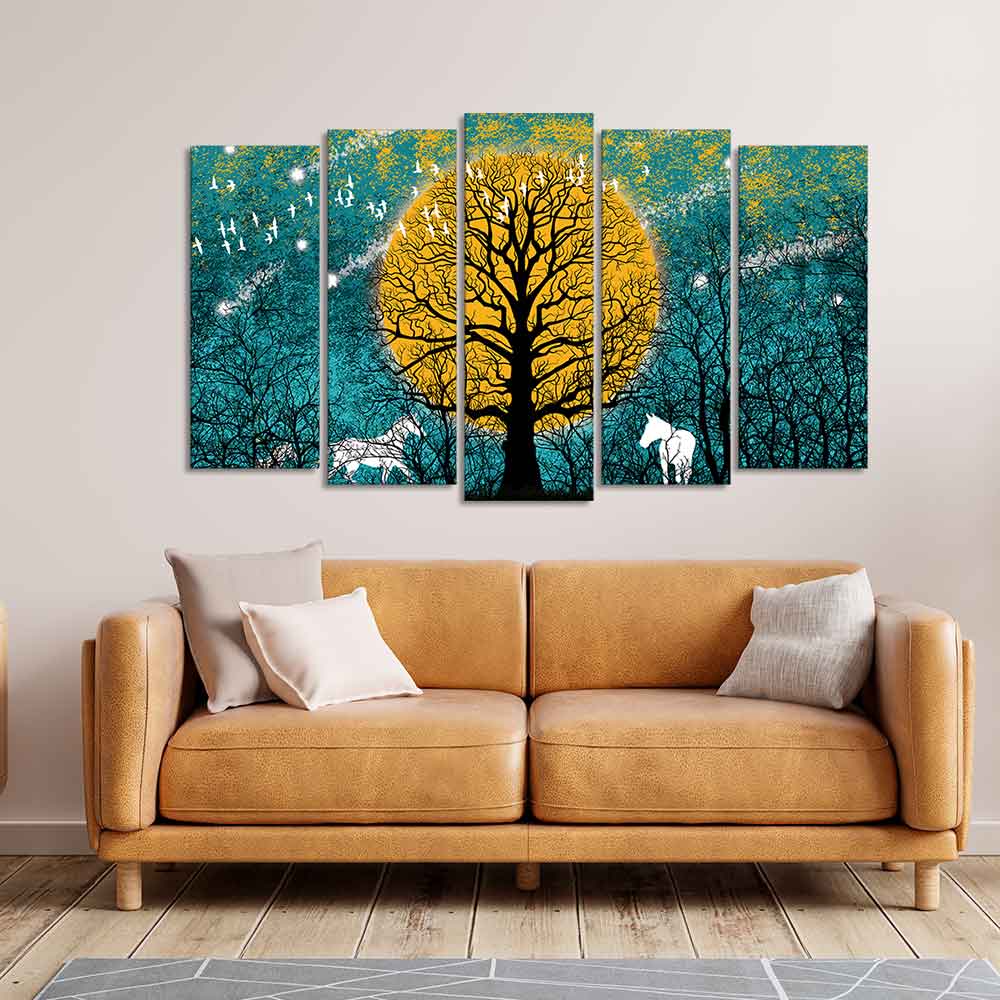 Beautiful White Horses in Forest Premium Wall Painting Set of Five Pieces DECORMANTRA