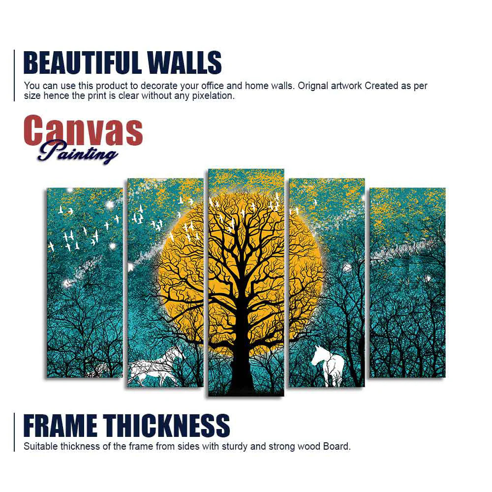 Beautiful White Horses in Forest Premium Wall Painting Set of Five Pieces DECORMANTRA