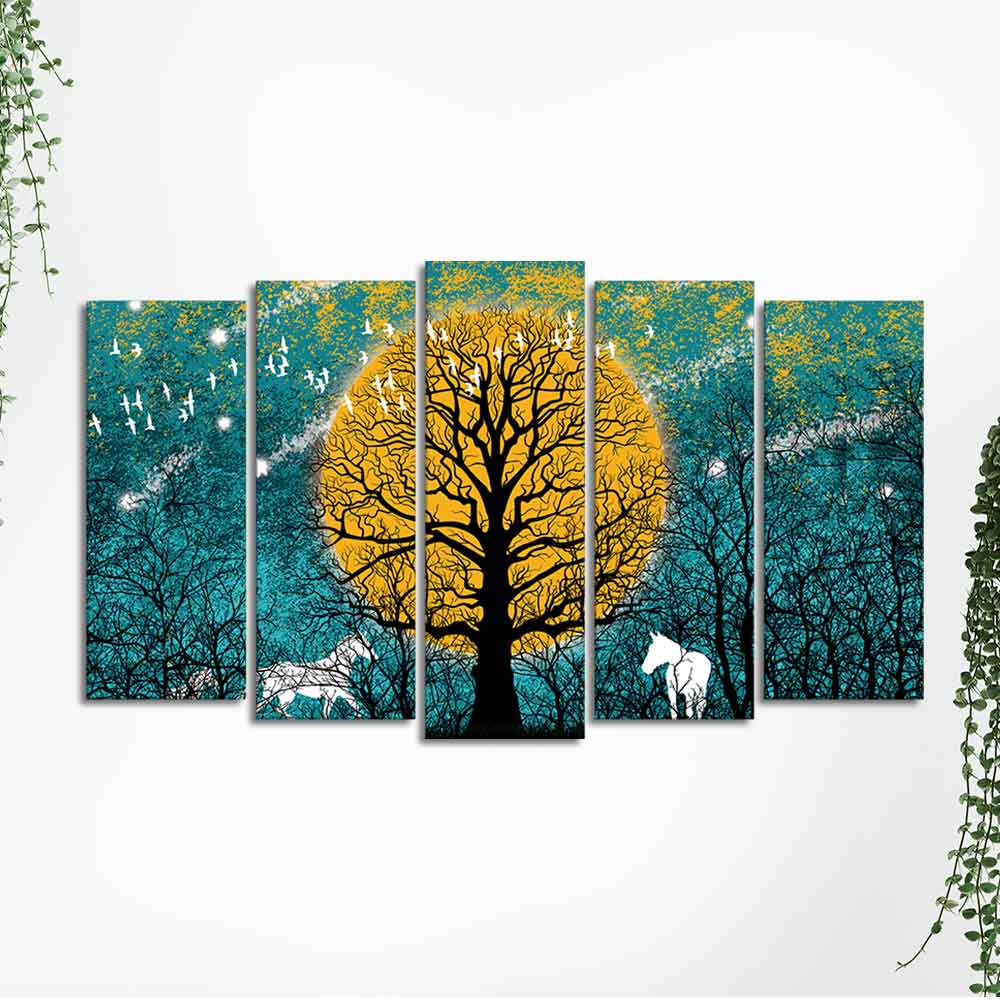 Beautiful White Horses in Forest Premium Wall Painting Set of Five Pieces DECORMANTRA