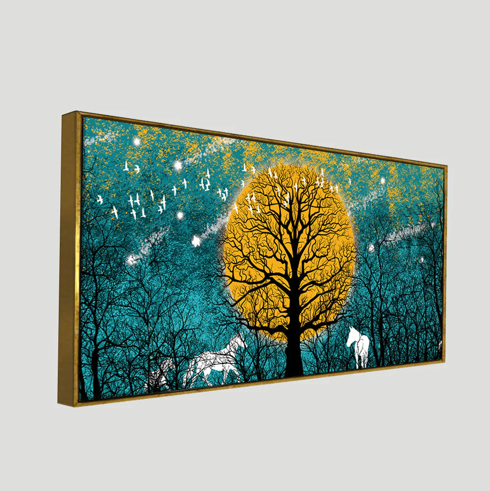 Beautiful White Horses in Forest Premium Wall Painting DECORMANTRA