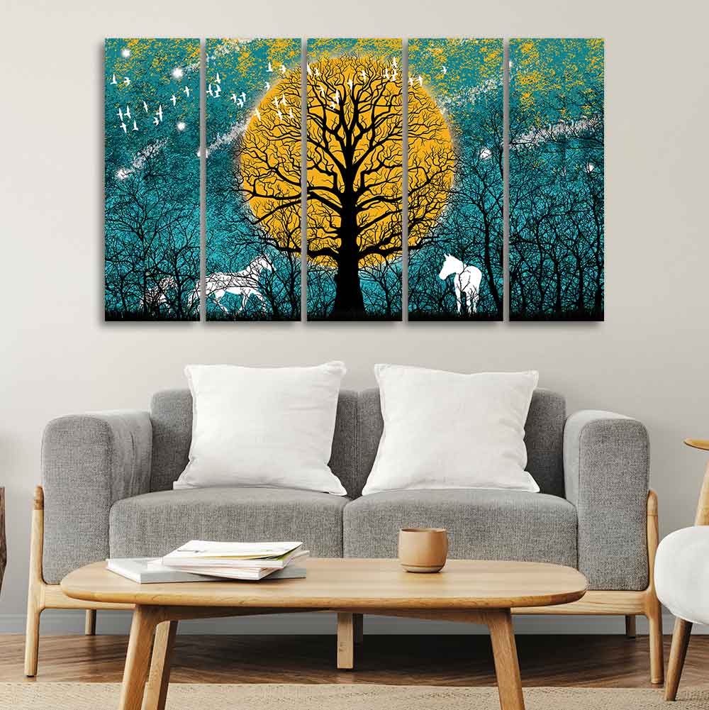 Beautiful White Horses in Forest Premium Wall Painting of Five Pieces DECORMANTRA