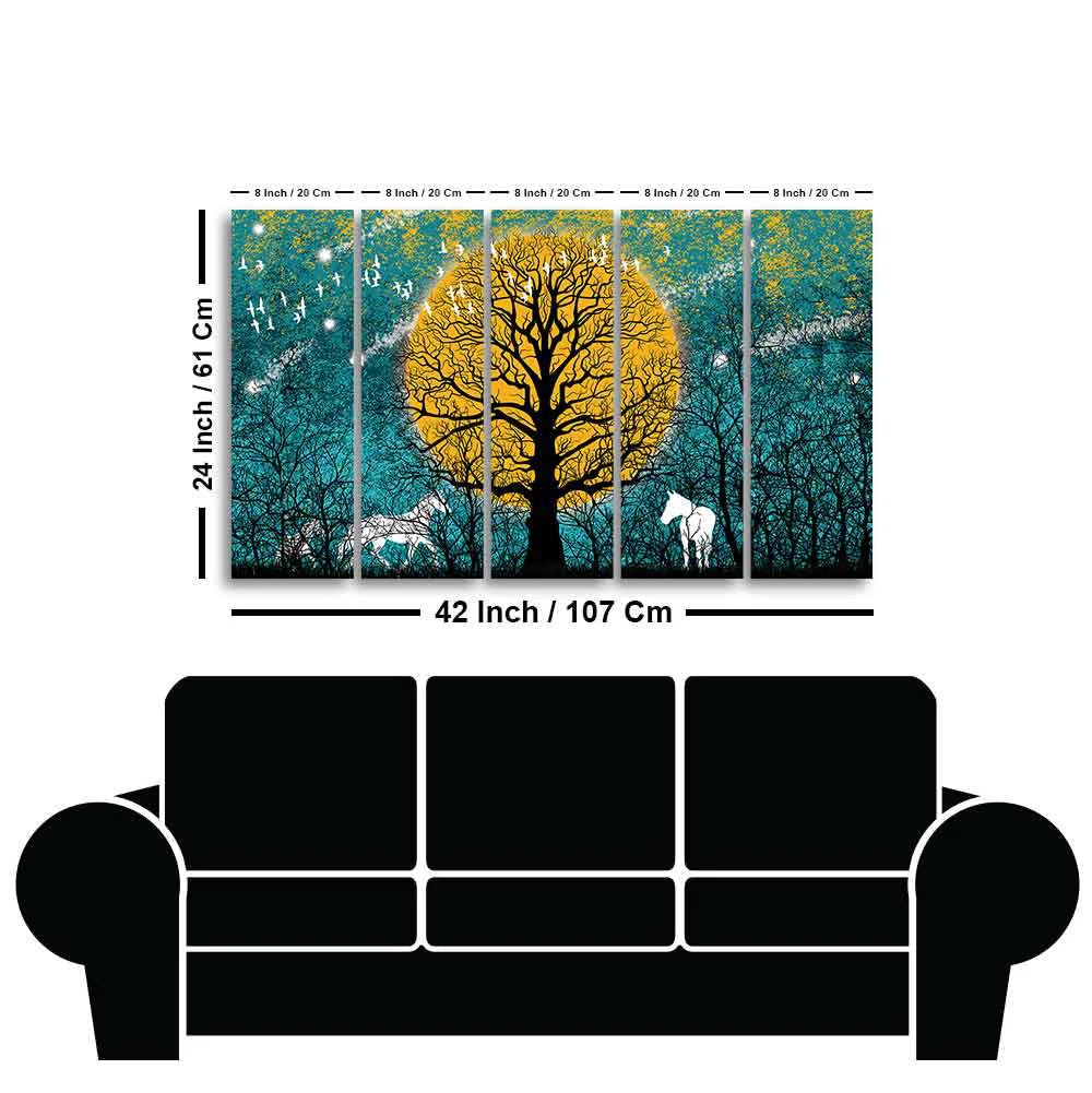 Beautiful White Horses in Forest Premium Wall Painting of Five Pieces DECORMANTRA